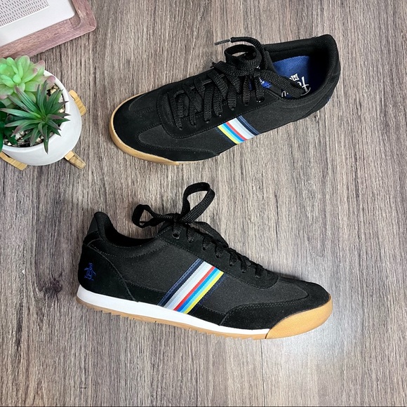 *Penguin | Black Suede  Canvas Multi Color Striped Sneakers Size 10 - Picture 12 of 16